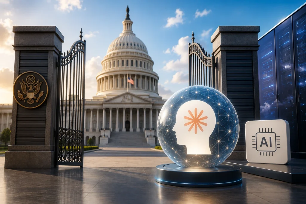 AS Izinkan Claude Fable 5 Milik Anthropic Beroperasi Lagi Glowing glass globe with a head silhouette and network points, symbolizing AI near the Capitol gates.