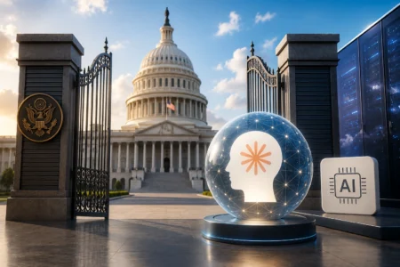 AS Izinkan Claude Fable 5 Milik Anthropic Beroperasi Lagi Glowing glass globe with a head silhouette and network points, symbolizing AI near the Capitol gates.