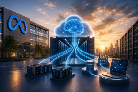 Meta Ubah Kelebihan Kapasitas AI Jadi Bisnis Cloud Data center with glowing blue cloud and bright data streams connecting servers to storage and a laptop beneath a sunset sky.