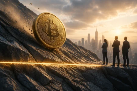 Bitcoin Tinggal US$5.000 dari Level Kunci, Peluang Buy the Dip? Bitcoin on a rocky cliff with a city skyline at sunset and three businesspeople observing in suits from the right side.