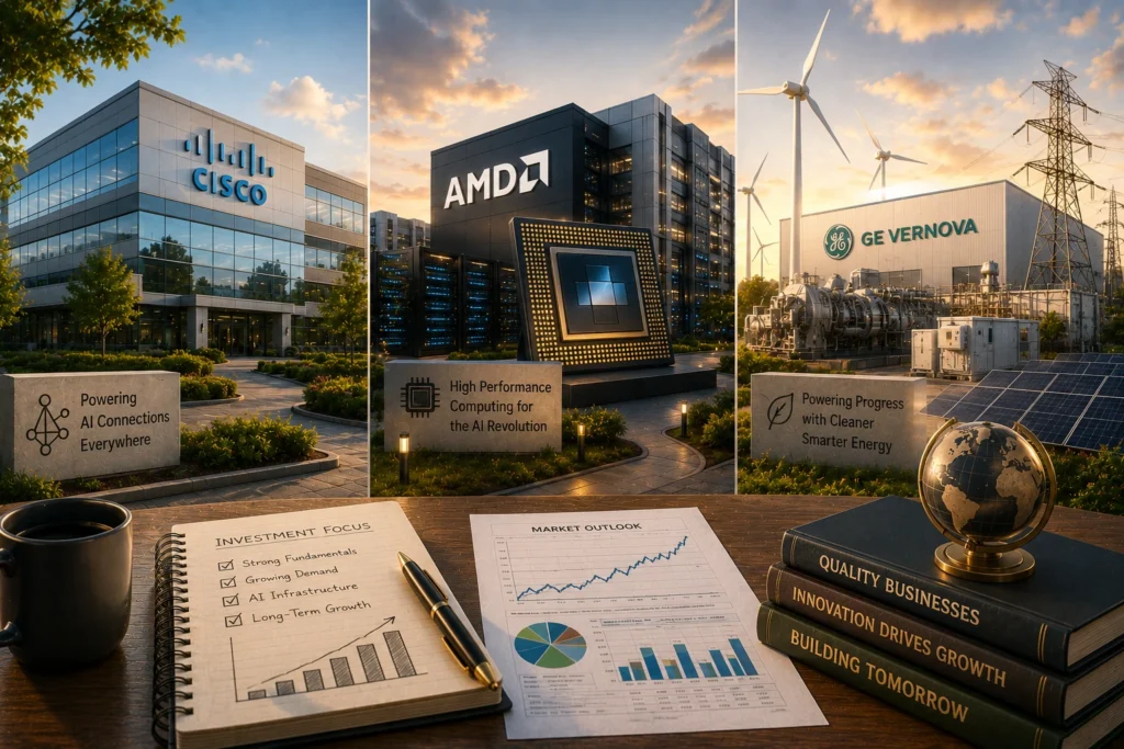 Rekomendasi Saham Hari Ini: CSCO, AMD, GEV (20 Juli 2026) Tech campus collage featuring Cisco, AMD, and GE Vernova with AI hardware centerpiece and wind turbines in the background; foreground shows a desk with charts and books.