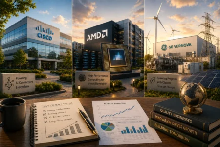 Tech campus collage featuring Cisco, AMD, and GE Vernova with AI hardware centerpiece and wind turbines in the background; foreground shows a desk with charts and books.