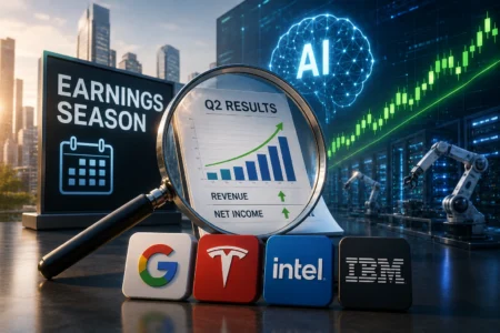 Musim Earnings Jadi Penentu Arah Saham AI Magnifying glass highlighting a Q2 results sheet with a rising revenue and net income chart, set against AI visuals and an 'EARNINGS SEASON' sign, with Google, Tesla, Intel, and IBM logos nearby.