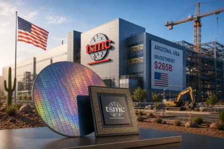 TSMC Perluas Produksi Chip Canggih di Arizona Close-up processor and silicon wafer on a display stand with a TSMC building under construction in the background, American flag waving nearby.