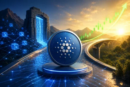 Bisakah Hard Fork Van Rossem Mengangkat Harga ADA? Cardano (ADA) coin on a high-tech platform with glowing data streams and a rising green chart indicating growth.