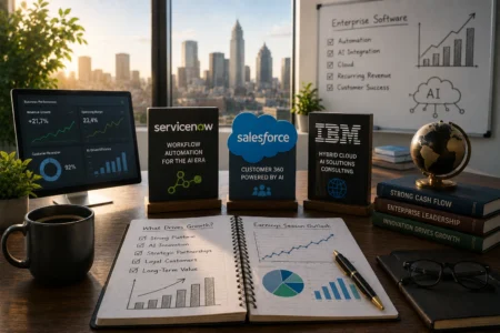 Rekomendasi Saham Hari Ini: NOW, CRM, IBM (21 Juli 2026) Desk setup with AI and cloud signs (Salesforce, ServiceNow, IBM) and a notebook showing charts, by a cityscape window.