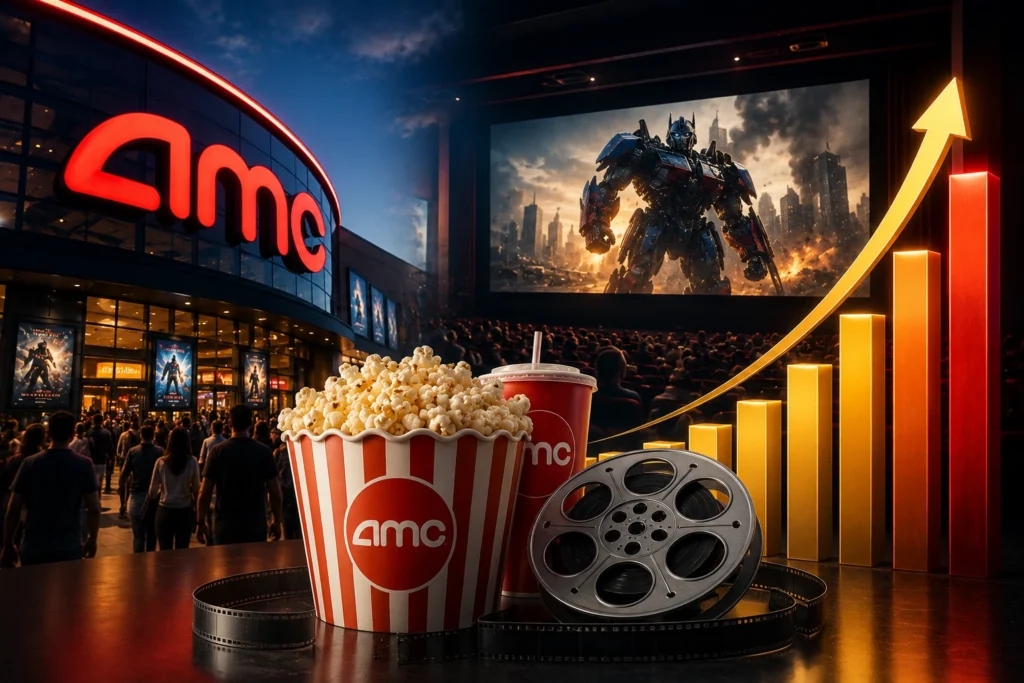Box Office Kembali Ramai, AMC Raih Rekor Earnings AMC cinema exterior at night with popcorn, soda, and film reel in the foreground; a large screen shows a robot movie in the distance.