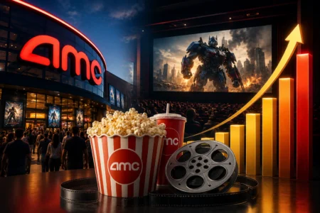 AMC cinema exterior at night with popcorn, soda, and film reel in the foreground; a large screen shows a robot movie in the distance.