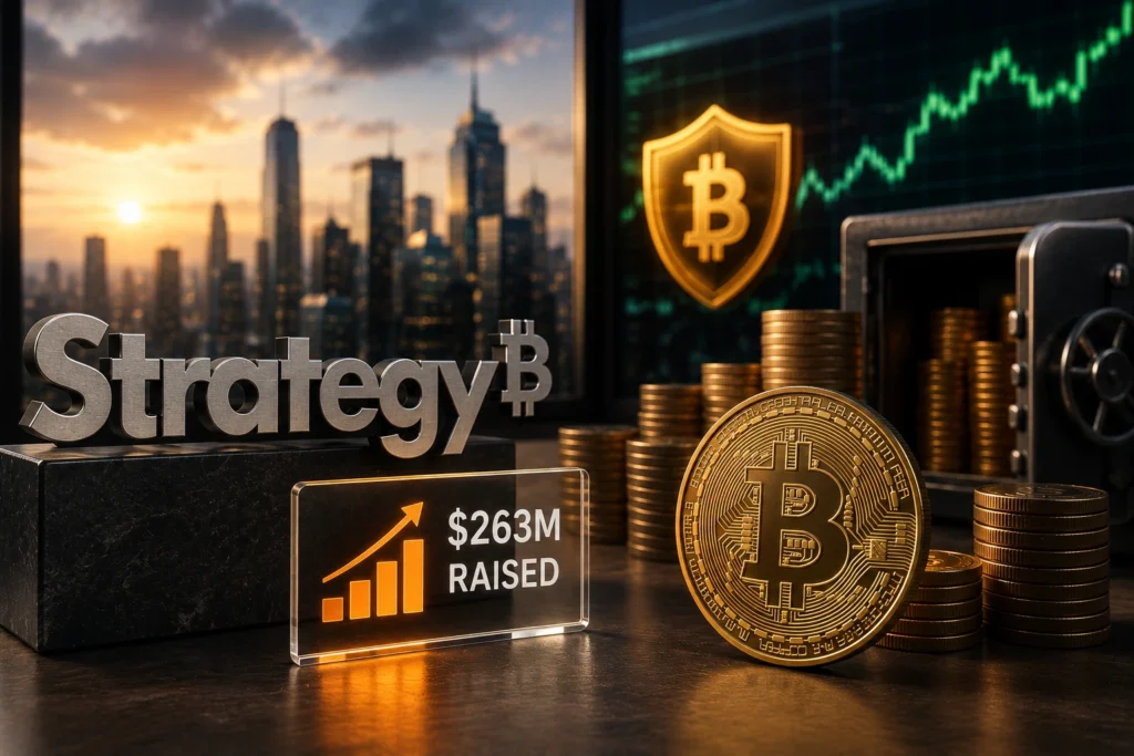 Strategy Galang US$263 Juta, Kepemilikan Bitcoin Bertahan Crypto strategy scene with gold Bitcoin coin, stacks of coins, and a safe; city skyline at sunset in the background; shows $263M raised.