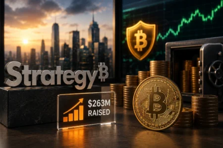 Strategy Galang US$263 Juta, Kepemilikan Bitcoin Bertahan Crypto strategy scene with gold Bitcoin coin, stacks of coins, and a safe; city skyline at sunset in the background; shows $263M raised.