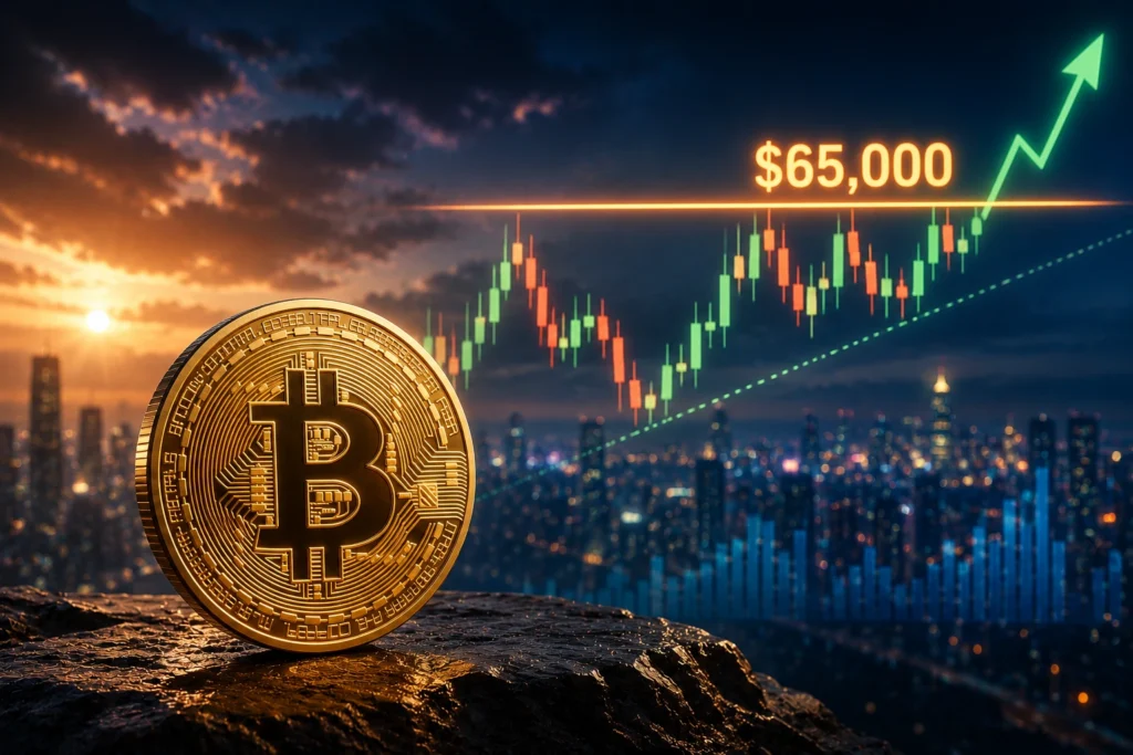 Bitcoin Tertahan di US$65.000, Bisakah Tembus? Bitcoin coin on a rock with a city skyline and a rising chart toward $65,000 at sunset/blue hour.