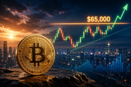 Bitcoin Tertahan di US$65.000, Bisakah Tembus? Bitcoin coin on a rock with a city skyline and a rising chart toward $65,000 at sunset/blue hour.