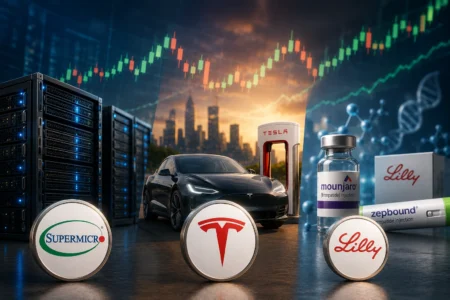 Rekomendasi Saham Hari Ini: SMCI, TSLA, LLY (22 Juli 2026) Tesla electric car charging beside a data-center scene, with biotech and pharma logos (Lilly, Mounjaro, Zepbound) in the foreground and server racks.