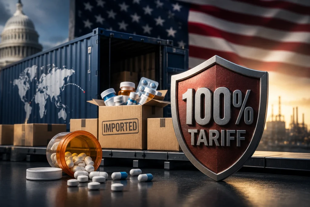 Trump Siapkan Tarif 100% untuk Obat Generik Impor Shield reading '100% TARIFF' in the foreground with a shipping container, boxes labeled IMPORTED, and scattered pills, US Capitol and flag in the background close by.