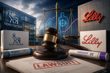 Judicial gavel on a desk with scales of justice; pharma boxes (Novo Nordisk, Lilly) and a stamped 'LAWSUIT' document nearby.