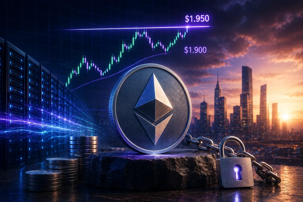 Ethereum Menguat, Uji US$1.950 di Tengah Rotasi Dana AI Ethereum coin with chain and padlock on a rock, stacks of coins and a rising price chart over a city skyline in the background, illustrating crypto security and growth.