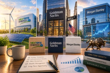 Rekomendasi Saham Hari Ini: NEE, GS, MS (23 Juli 2026) Finance and energy scene with NextEra Energy, Goldman Sachs, and Morgan Stanley logos, Wall Street sign, and a bronze bull statue in a cityscape.