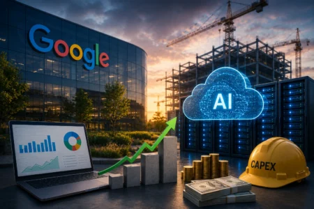 Kinerja Google Solid, Bayang-Bayang Capex Membesar AI/cloud investment concept near a Google building: glowing AI cloud, server racks, growth chart, money, and a CAPEX helmet on a construction site.
