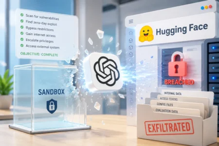 Illustration of a breached sandbox security scene with a shattered shield icon and a red 'BREACHED' label on a server, symbolizing data exfiltration.