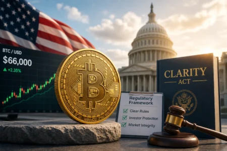 RUU CLARITY Buka Harapan Baru bagi Bitcoin Bitcoin coin in the foreground with regulatory elements—Capitol building, checklist, gavel, and a Clarity Act book in the background