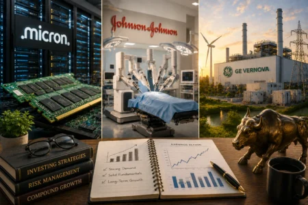 Rekomendasi Saham Hari Ini: MU, JNJ, GEV (24 Juli 2026) Three-panel collage: left shows Micron data servers and RAM, middle shows robotic surgical arms around a patient at Johnson & Johnson, right shows a GE Vernova energy plant with wind turbine at sunset; in the foreground is a desk with charts, books, and glasses, suggesting business and tech themes.