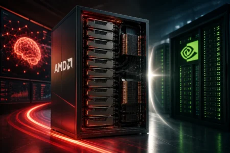 AMD Perkenalkan Helios untuk Kejar Dominasi Nvidia Front view of an AMD server rack with multiple hot-swappable drive bays, red glow illuminating the interior in a high-tech data center.