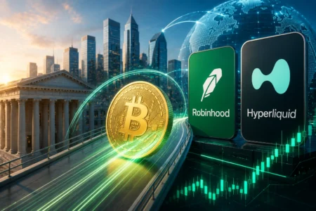 Robinhood dan Hyperliquid Dinilai Siap Dorong Reli Kripto Bitcoin coin on a neon track beside city skyline; app panels show Robinhood and Hyperliquid logos in a futuristic finance scene.