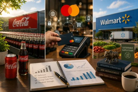 Rekomendasi Saham Hari Ini: KO, MA, WMT (27 Juli 2026) Triple-image collage: Coca-Cola bottles, a Mastercard payment terminal, and a Walmart storefront with a 'Sustainable Supply Chain' sign, set on a desk with charts and books.