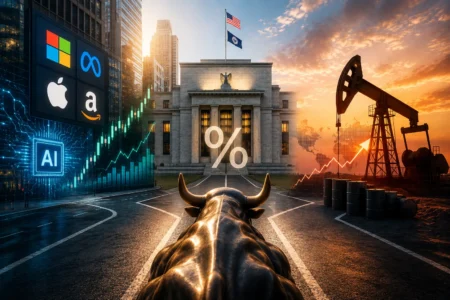 Wall Street Hadapi Pekan Penentu: AI, The Fed, dan Minyak The perspective of a charging bull toward a government building with a large % symbol, stock graphs, and icons for AI, Apple, Microsoft, and Amazon; oil rig on the right.