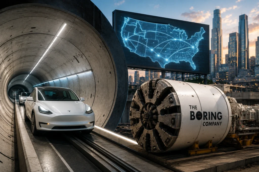 Perusahaan Terowongan Elon Musk Bidik Valuasi US$20 Miliar White Tesla on a rail inside a concrete tunnel, next to a large boring machine labeled The Boring Company and a neon blue map of the United States on a screen