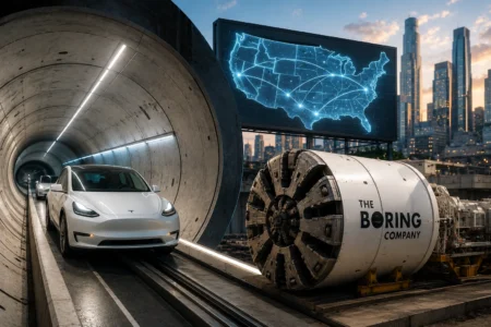 White Tesla on a rail inside a concrete tunnel, next to a large boring machine labeled The Boring Company and a neon blue map of the United States on a screen