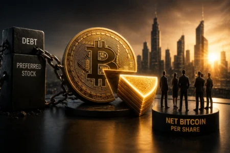 Strategy Perkenalkan Metrik Bitcoin Bersih per Saham Giant Bitcoin coin with gold wedges beside a chained block labeled DEBT, as executives stand on a platform reading NET BITCOIN PER SHARE against a sunset city skyline.