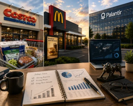 Rekomendasi Saham Hari Ini: COST, MCD, PLTR (28 Juli 2026) Desk setup for business planning in front of retail storefronts: Costco, McDonald's, and Palantir buildings at sunset, with a laptop showing dashboards nearby.