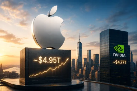 Apple Kembali Jadi Perusahaan Paling Bernilai di Dunia Apple logo sculpture atop a dark pedestal shows a rising stock readout around $4.95T, with the NYC skyline at sunset in the background.