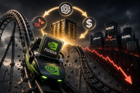 Pembiayaan Sirkular OpenAI Tekan Saham Nvidia NVIDIA GPU mounted on a green race car racing along a roller-coaster track, with a glowing circular loop of logos (AMD, SK hynix, etc.) and a descending stock-like line in the background—illustrating GPU market competition.