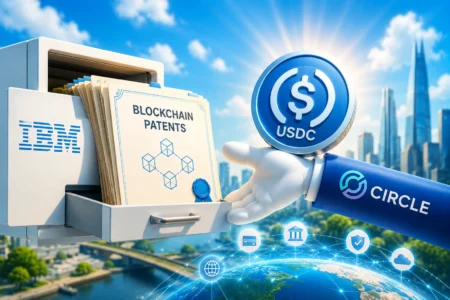 Hand extending from a blue sleeve labeled Circle offers a USDC coin to a filing cabinet labeled IBM with blockchain patents documents visible in a cityscape background.