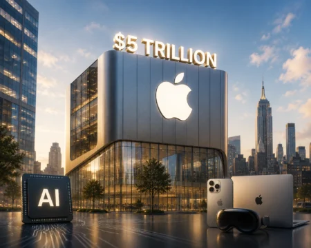 Apple Sentuh Kapitalisasi US$5 Triliun, Strategi AI Jadi Sorotan Apple flagship building with a large illuminated Apple logo and '$5 TRILLION' sign, foregrounded by AI chip and Apple devices (iPhone, MacBook, VR headset).