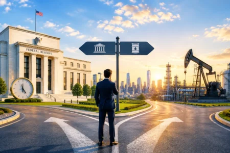 Wall Street Waspadai Iran dan Keputusan The Fed Businessman in a suit stands at a signpost with government and oil icons, near the Federal Reserve building, an oil rig, and a sunrise city skyline.