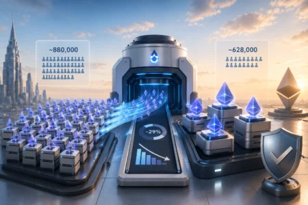 Lido Rombak Staking Ethereum Lewat Curated Module v2 Futuristic crypto mining hub with a tunnel and glowing Ethereum symbols streaming along a conveyor.