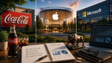Rekomendasi Saham Hari Ini: KO, AAPL, MSFT (29 Juli 2026) Office desk setup with notebook and laptop overlooking Apple, Coca-Cola, and Microsoft campuses at dusk, conveying tech finance collaboration