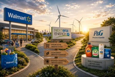 Rekomendasi Saham Hari Ini: WMT, NEE, PG (3 Juli 2026) Walmart storefront at sunset with wind turbines, solar panels, and a sign announcing NextEra Energy and Branded displays nearby.