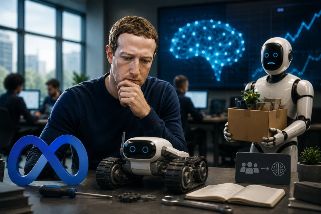 Meta Akui Pengembangan Agen AI Lebih Lambat dari Target A man sits at a desk contemplating a small robotic vehicle as a robot in the background holds a box of office supplies. In the foreground are a blue infinity symbol and a notebook with tools. A large digital brain graphic is on a screen in the background.