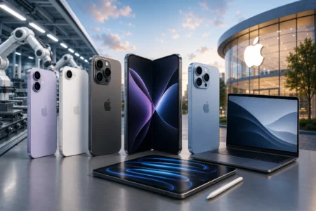 Apple Siapkan Gelombang iPhone Baru Hingga 2027 Lineup of Apple devices (iPhones in multiple colors, iPad, MacBook) on a desk with a futuristic factory/showroom background and robotic arms nearby.