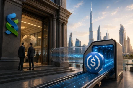 USDC Kini Masuk Jalur Perbankan Lewat Standard Chartered Two suited businessmen stand at the entrance of a modern bank while a large blue digital dollar coin moves along a high-tech conveyor in front of them.