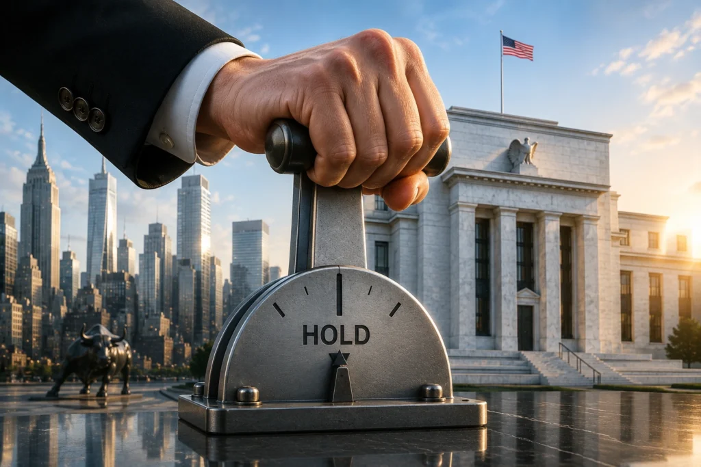 The Fed Tahan Suku Bunga, Nada Hawkish Menguat Close-up of a hand gripping a large 'HOLD' lever in front of a marble government building and city skyline.