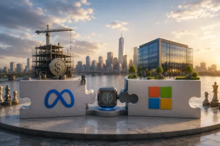 Meta Tersandung, Microsoft Buktikan Hasil Investasi AI Two puzzle pieces connect on a circular platform; left piece shows a blue infinity logo, right piece shows a four-square Microsoft logo, with a glowing brain device between and a city skyline in the background.