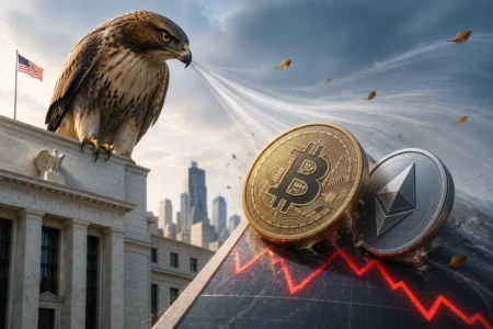 Sinyal Hawkish The Fed Tekan Bitcoin dan Ethereum Hawk perched on a government building beside a US flag, with Bitcoin and Ethereum coins atop a falling stock chart.