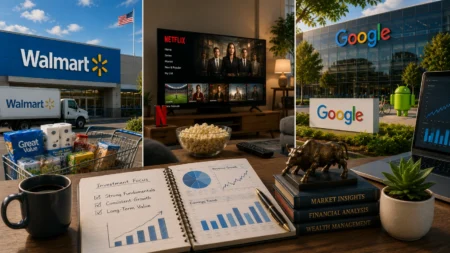 Rekomendasi Saham Hari Ini: WMT, NFLX, GOOG (30 Juli 2026) Three-panel collage: Walmart storefront, Netflix streaming scene in a living room, and Google campus exterior; foreground desk shows charts, a bull statue, books, and a plant.