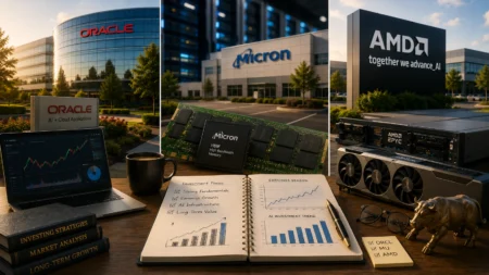 Rekomendasi Saham Hari Ini: ORCL, MU, AMD (31 Juli 2026) Investment desk setup with Oracle, Micron, and AMD signs in the background; laptop displaying stock charts, a notebook with graphs, and computer hardware on the table.