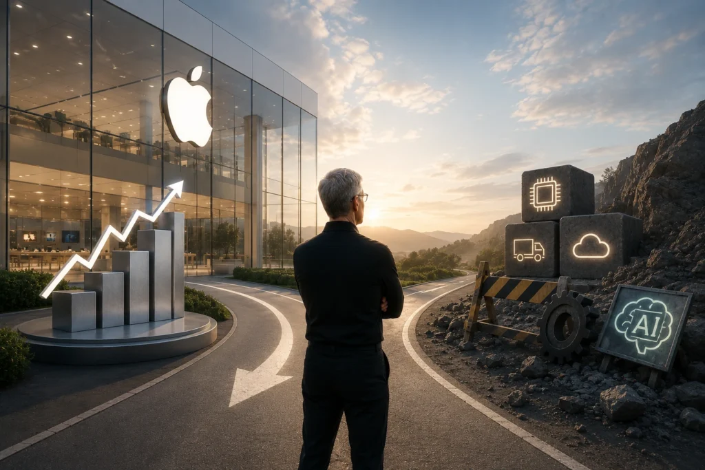 Apple Cetak Kuartal Solid, Tantangan Baru Mulai Terlihat Man stands with arms crossed, facing a sunrise along a road beside an Apple Store, with a rising bar chart in the foreground.